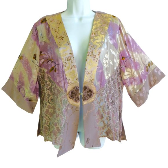 Spencer Alexis SiLK Blend Boho Kimono Top Neutral Beige Pink Knot Button Embosse - Picture 3 of 8